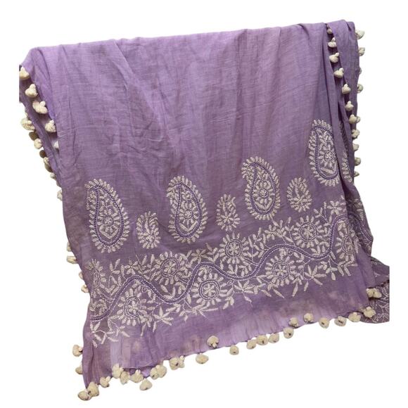 Indigo Handloom Accessories - Indigo Handloom Purple Embroidered Pom Pom Scarf 34x70"